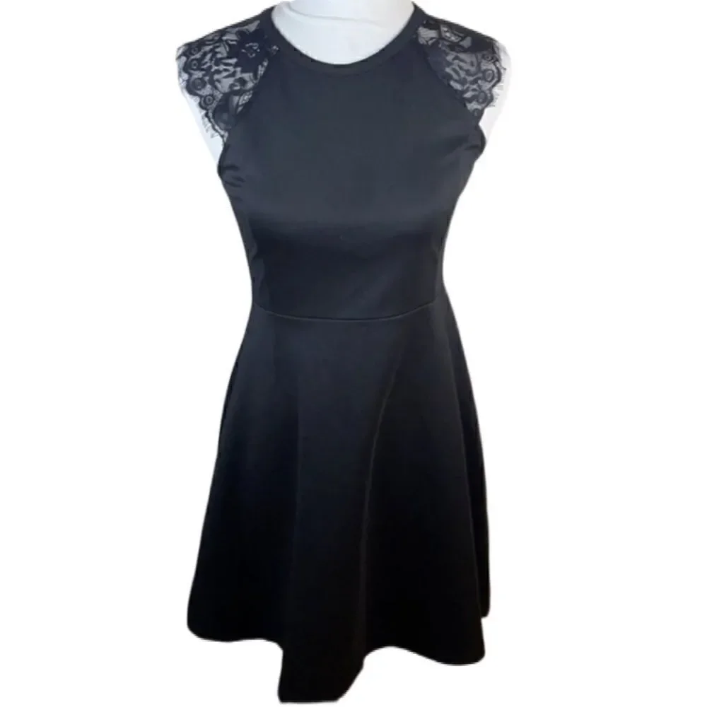 Anthropologie Elodie Fit & Flare Black Dress w/ Lace Floral Sleeves (Small) - Picture 3 of 16